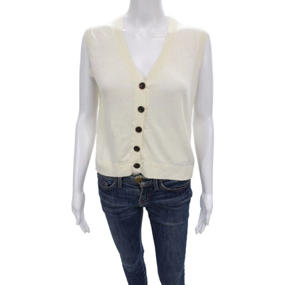 Boden Womens Cardigan Ivory Linen V Neck Sleeveless Solid Size S